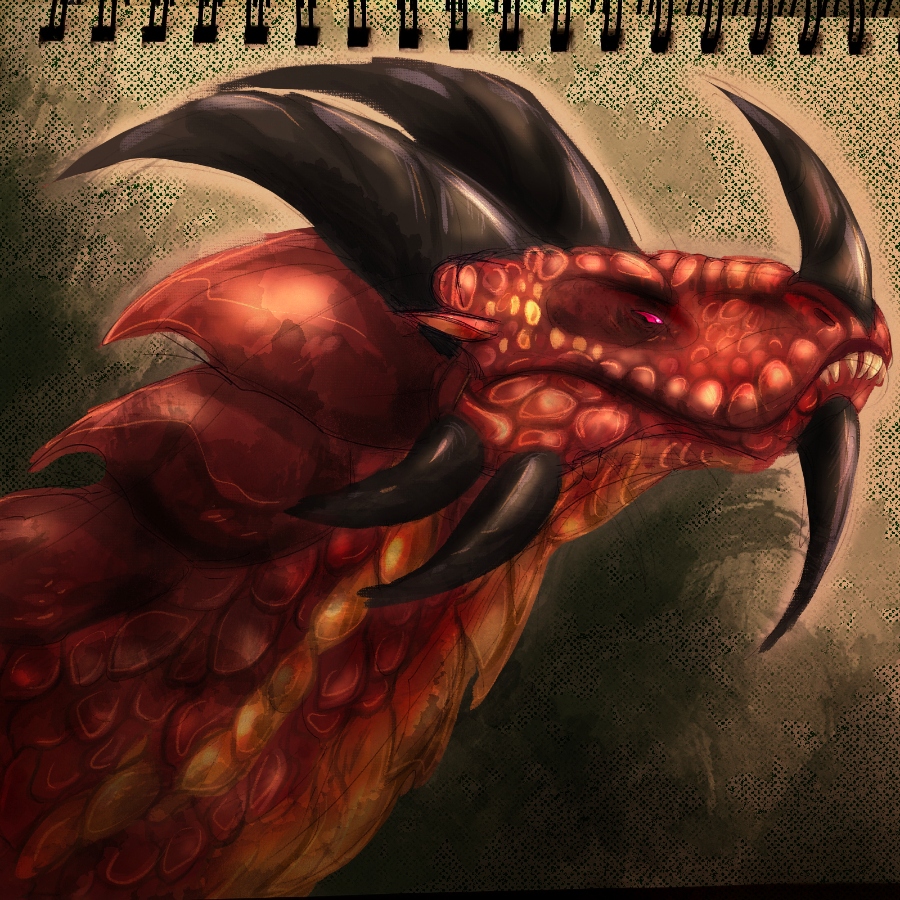 Portrait of a red dragon head with black horns